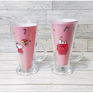 Modern Gourmet Foods Peanuts Snoopy Woodstock Christmas Painted Glass Mugs 2pc